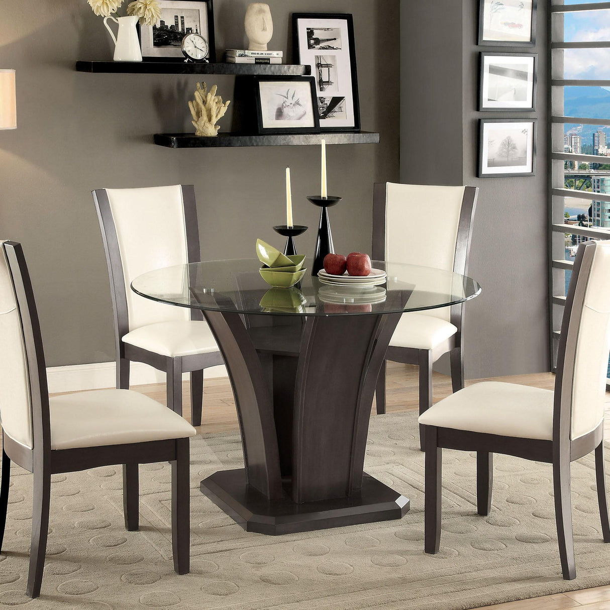 Furniture of America Round Manhattan Dining Table with Glass Top & Pedestal Base CM3710GY-RT-TABLE IMAGE 2