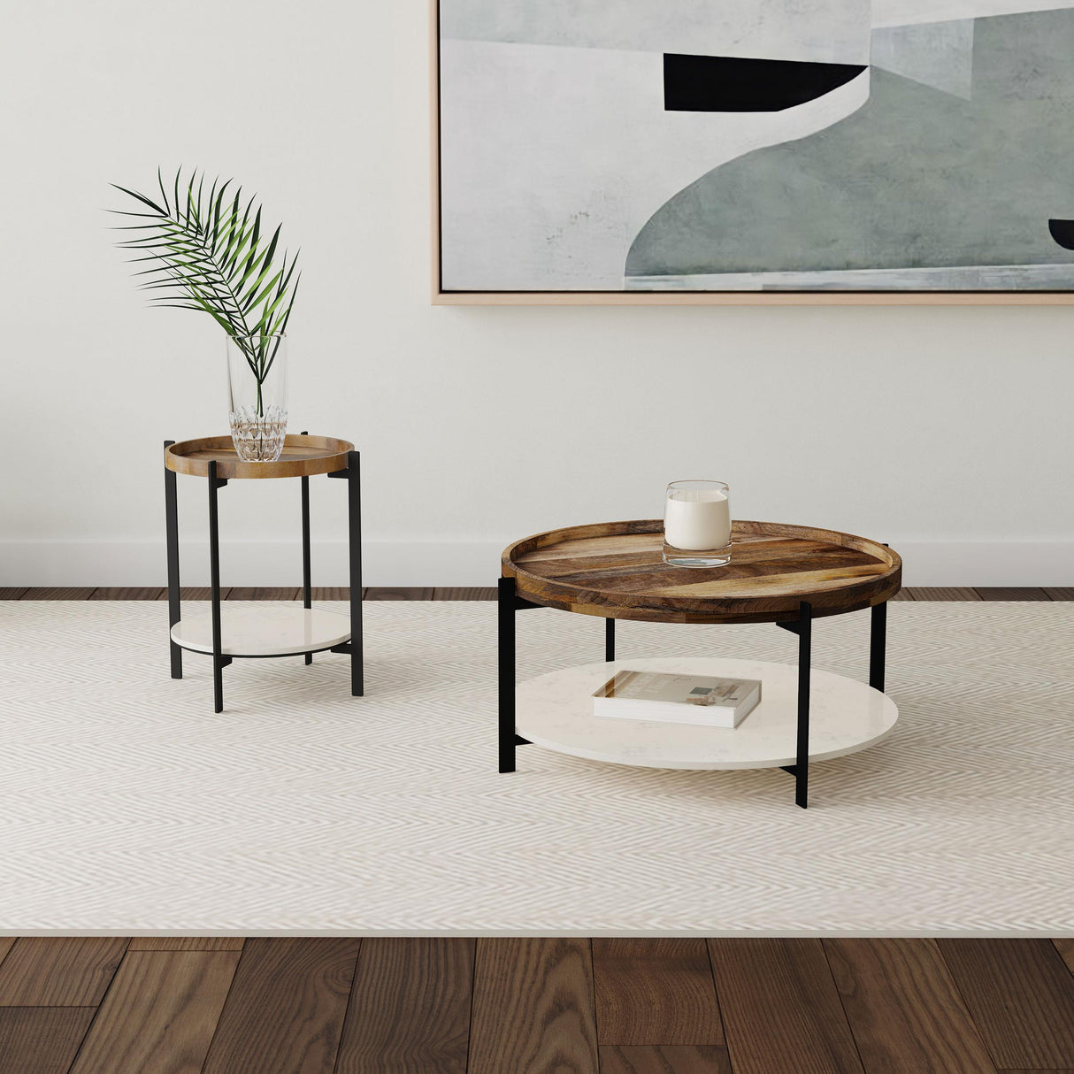 Coaster Furniture Adhvik 931218 Round End Side Table Marble Shelf - Natural and Black IMAGE 5