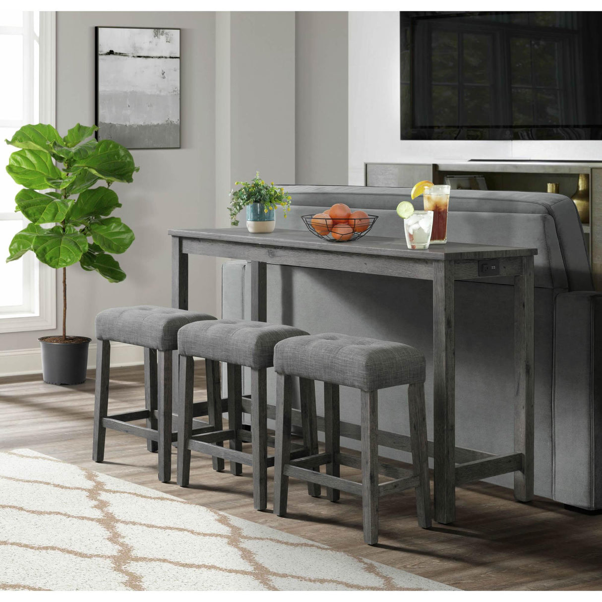 Elements International Oak Lawn Charcoal Grey Bar Table Single Pack (Table + 3 Grey Fabric Stools) IMAGE 12