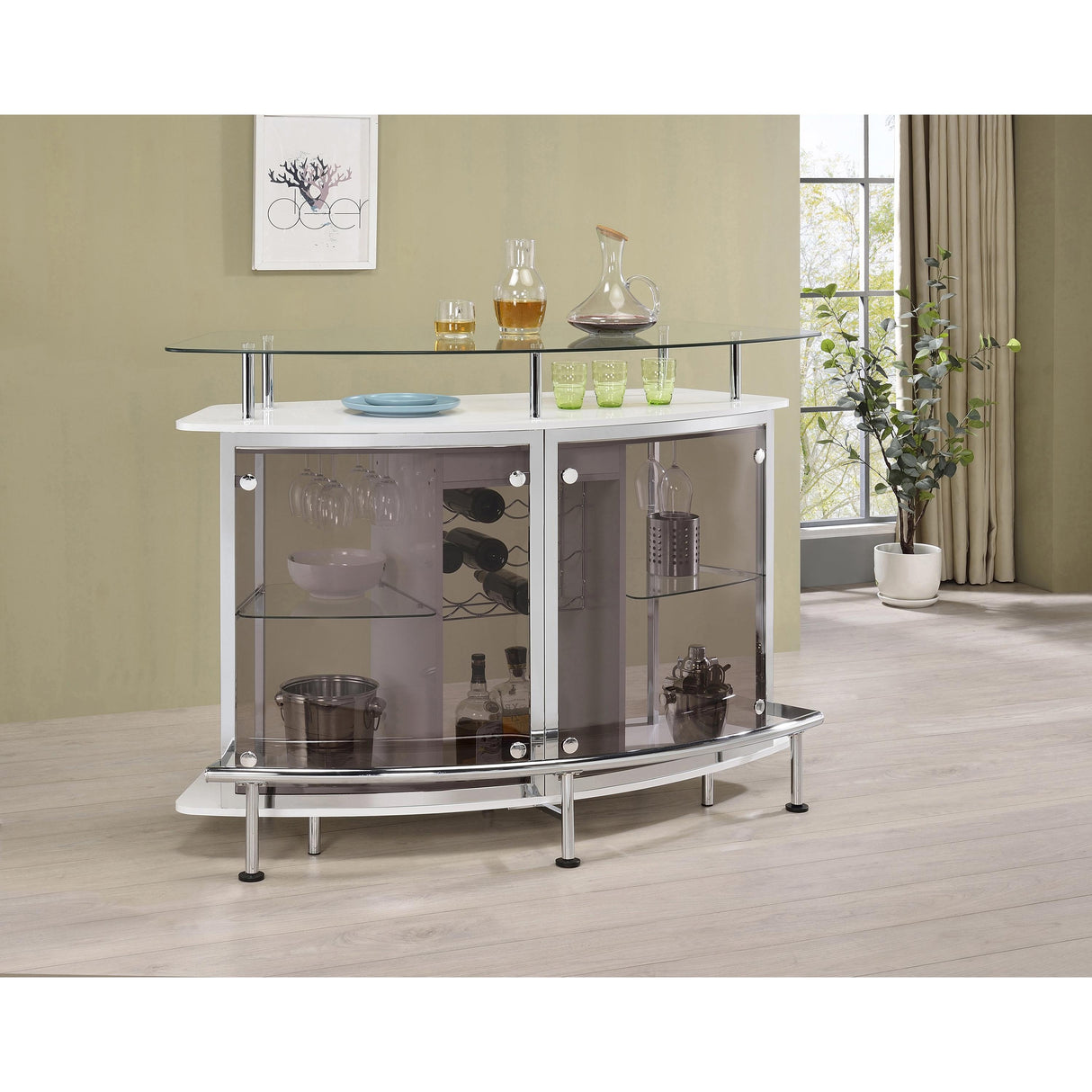 Coaster Furniture Gideon 182235 Curved Glass Top Home Bar Cabinet - White High Gloss IMAGE 4