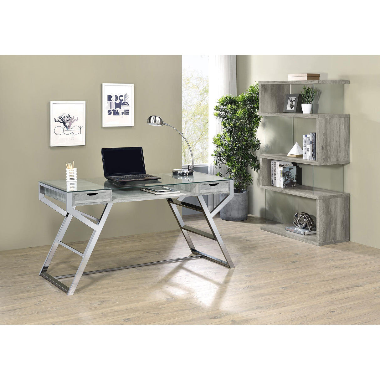 Coaster Furniture Emelle 802340 63-inch 4-shelf Glass Panel Bookshelf - Grey Driftwood IMAGE 8