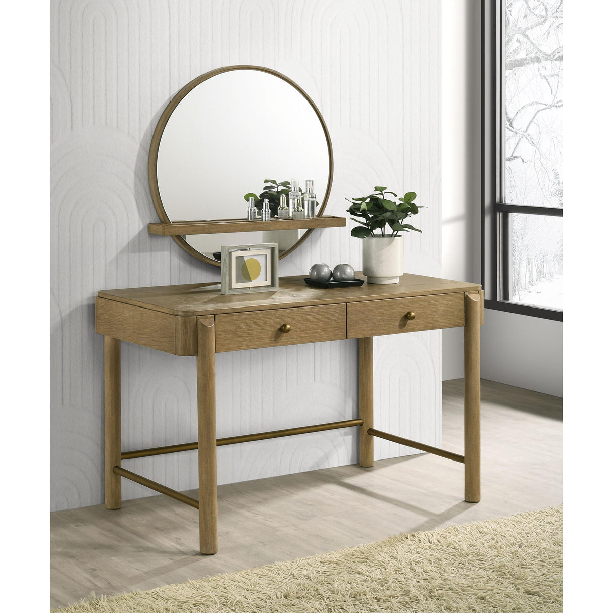 Coaster Furniture Arini 224308 Round Vanity Wall Mirror with Shelf - Sand Wash IMAGE 4
