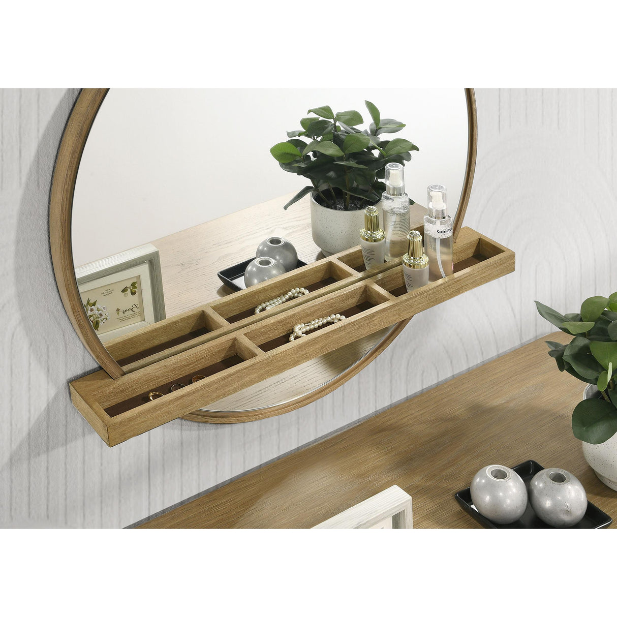 Coaster Furniture Arini 224308 Round Vanity Wall Mirror with Shelf - Sand Wash IMAGE 5
