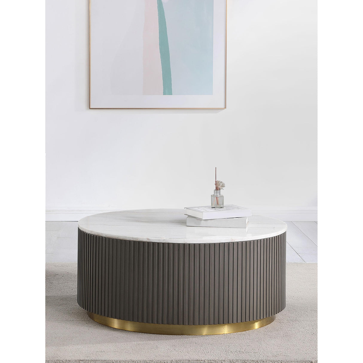 Coaster Furniture Jason 710418 Round Marble Top Coffee Table - White and Charcoal IMAGE 2
