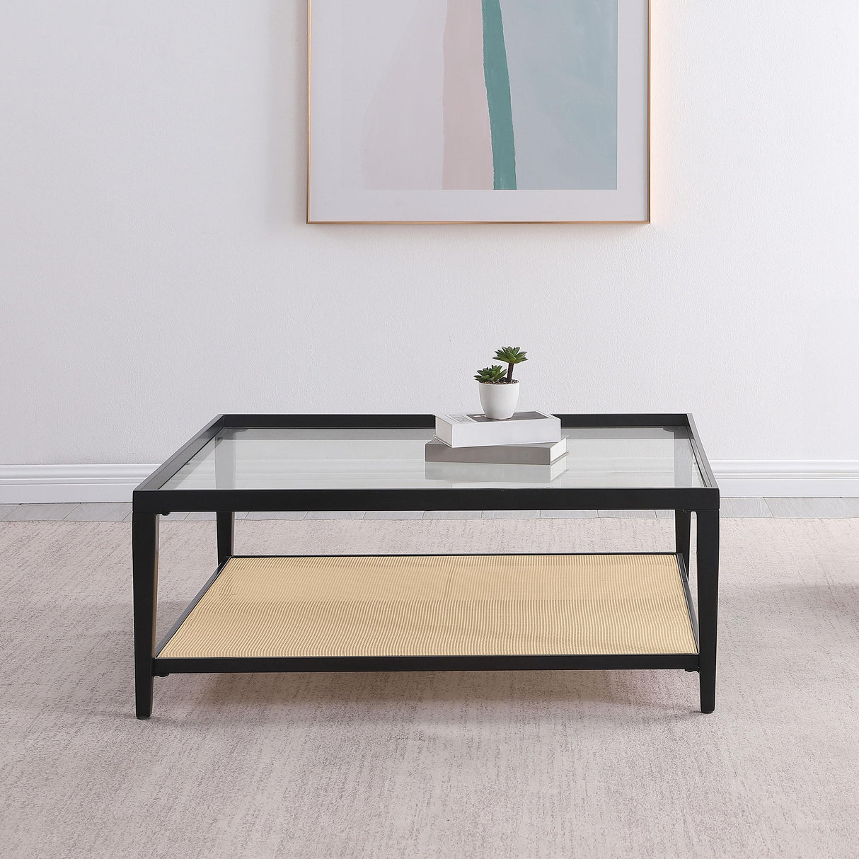 Coaster Furniture Amherst 710658 Glass Top Metal with Cane Shelf Coffee Table - Black IMAGE 2