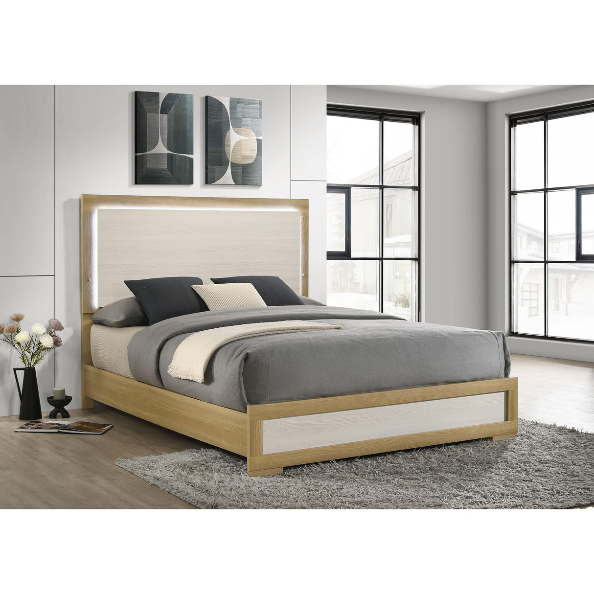 Coaster Furniture Hyland 215651Q Wood Queen LED Panel Bed - Natural and White IMAGE 2