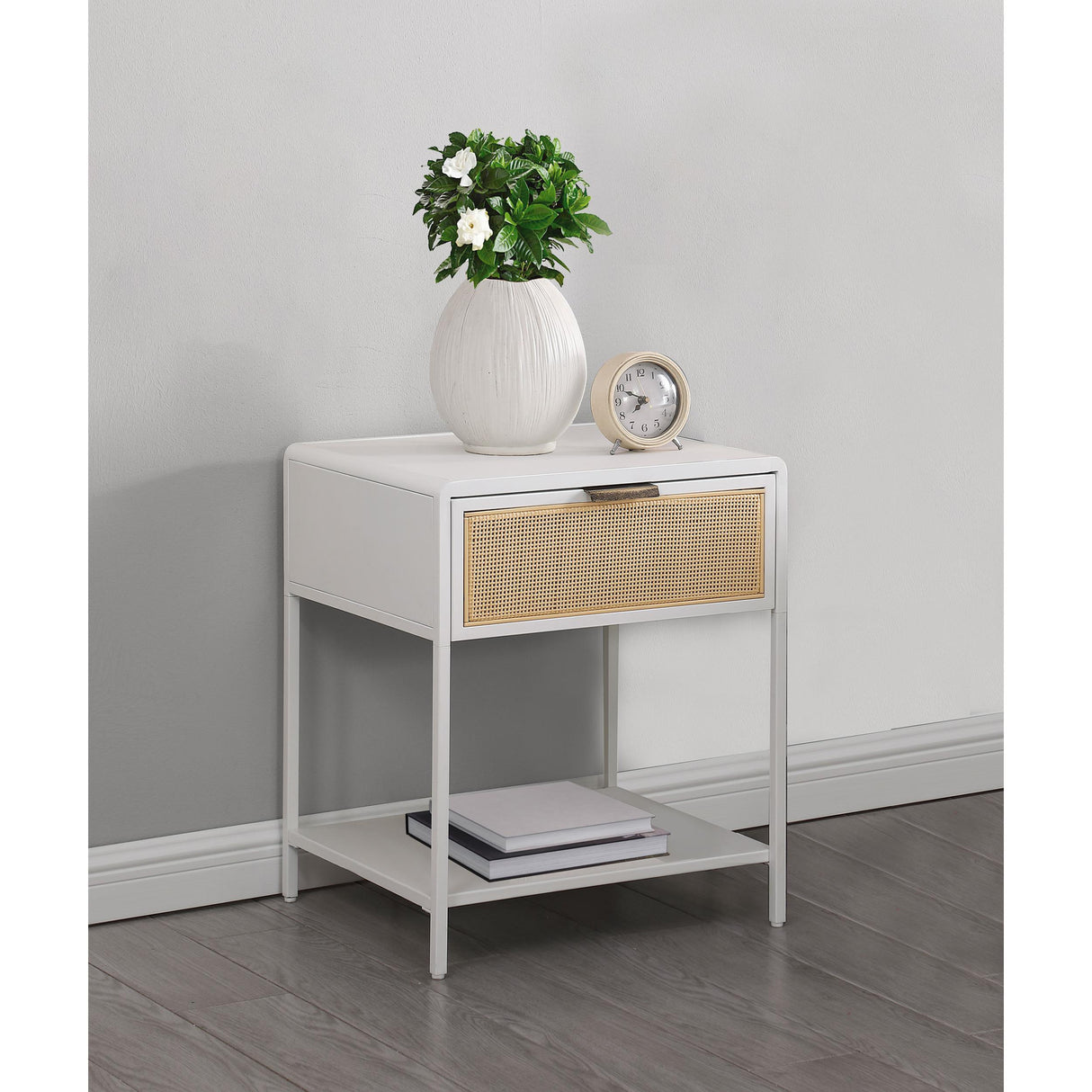 Coaster Furniture Amherst 930236 1-Drawer Radio Weave Cane Metal Bedside Table - White IMAGE 8