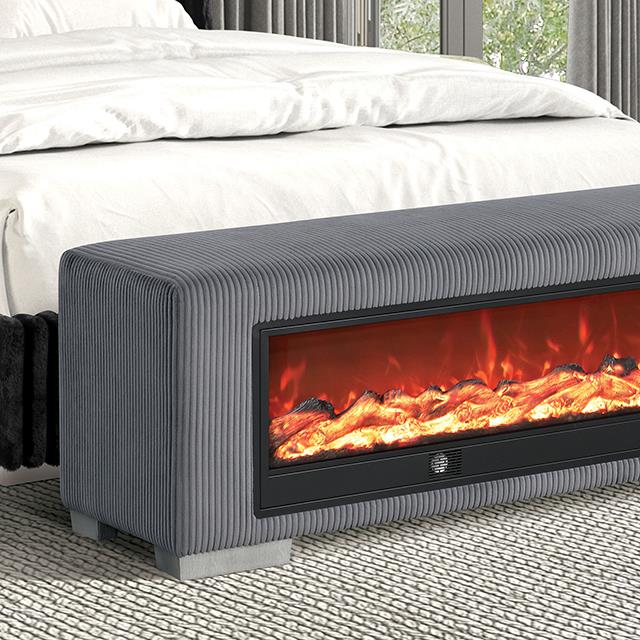 Furniture of America Elnath FM-BN6001GY Bench with Visual Wood Log Fireplace IMAGE 1