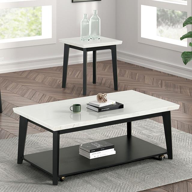 Furniture of America Thisted FM44002WH-CR Rectangle Marble Coffee Table with Casters IMAGE 1