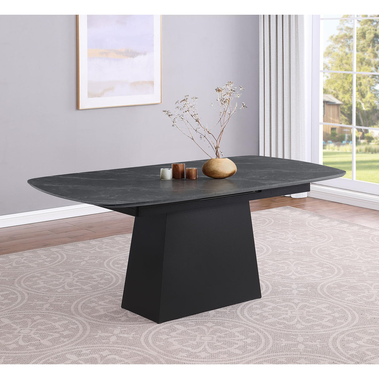 Coaster Furniture Potero 123131 73-inch Faux Marble Extension Leaf Dining Table - Black IMAGE 2