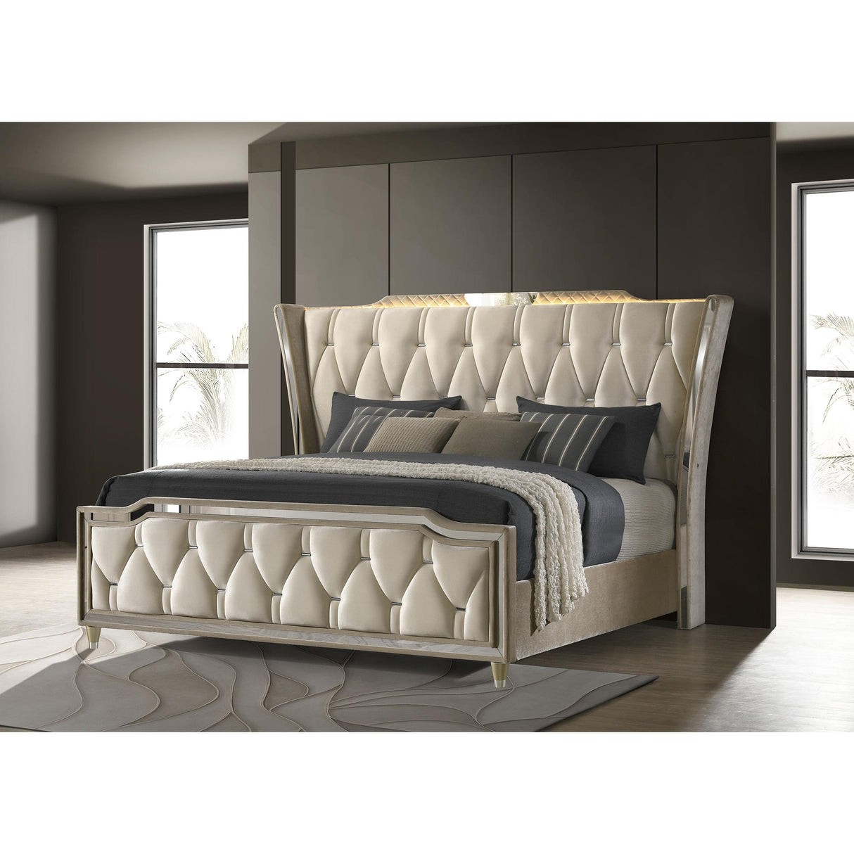 Coaster Furniture Lorient 222661KE Eastern King LED Upholstered Bed - Ivory/Camel IMAGE 2
