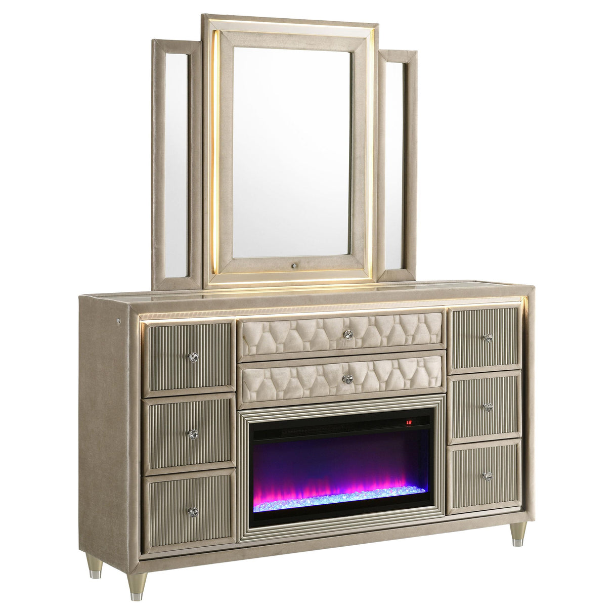 Coaster Furniture Lorient 222663FBM 8-drawer LED Flame Box Dresser and Mirror - Ivory Camel IMAGE 1
