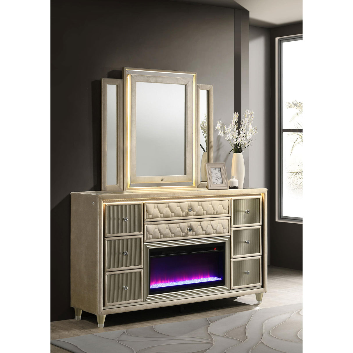 Coaster Furniture Lorient 222663FBM 8-drawer LED Flame Box Dresser and Mirror - Ivory Camel IMAGE 2