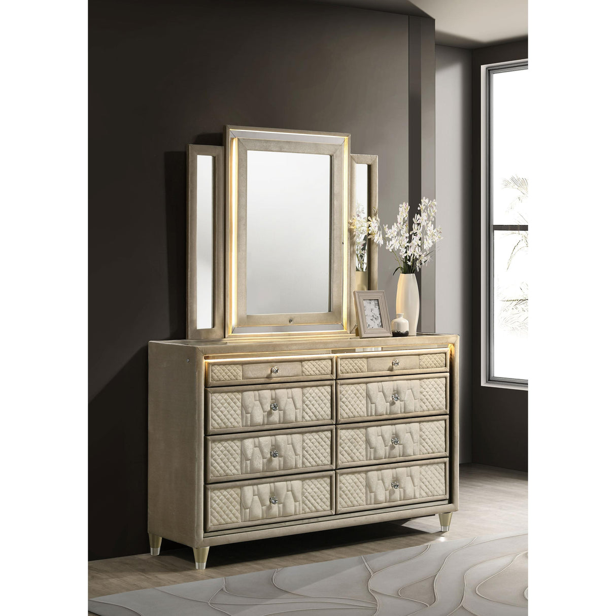 Coaster Furniture Lorient 222663M 8-drawer LED Dresser with Mirror - Ivory/Camel IMAGE 5