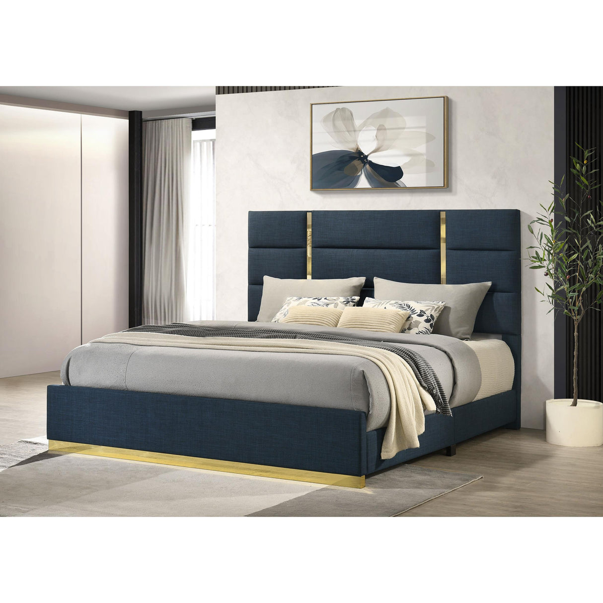 Coaster Furniture Ines 223091NVYKE 56-inch Fabric Upholstered Eastern King Panel Bed - Navy IMAGE 4