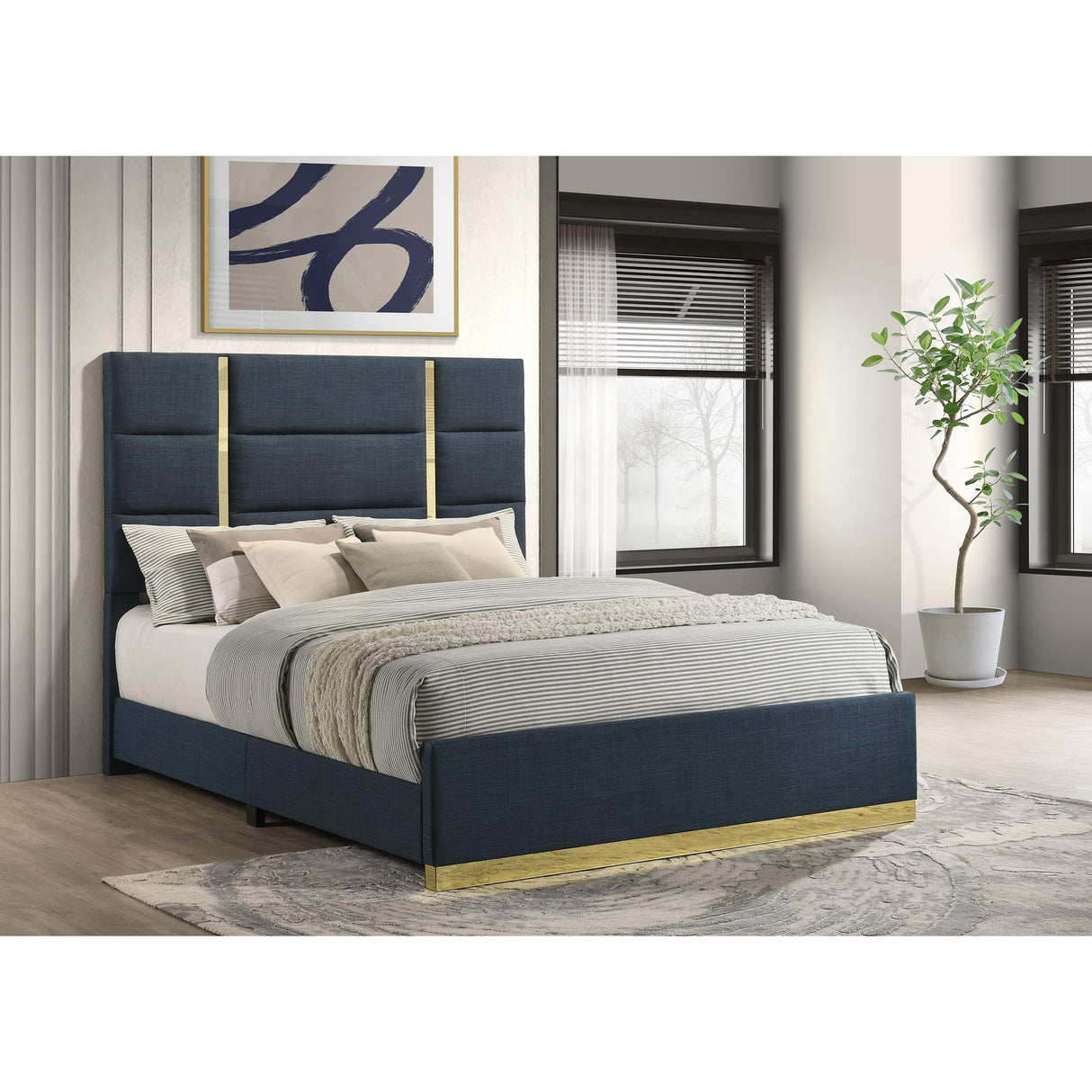 Coaster Furniture Ines 223091NVYQ 56-inch Fabric Upholstered Queen Panel Bed - Navy IMAGE 4