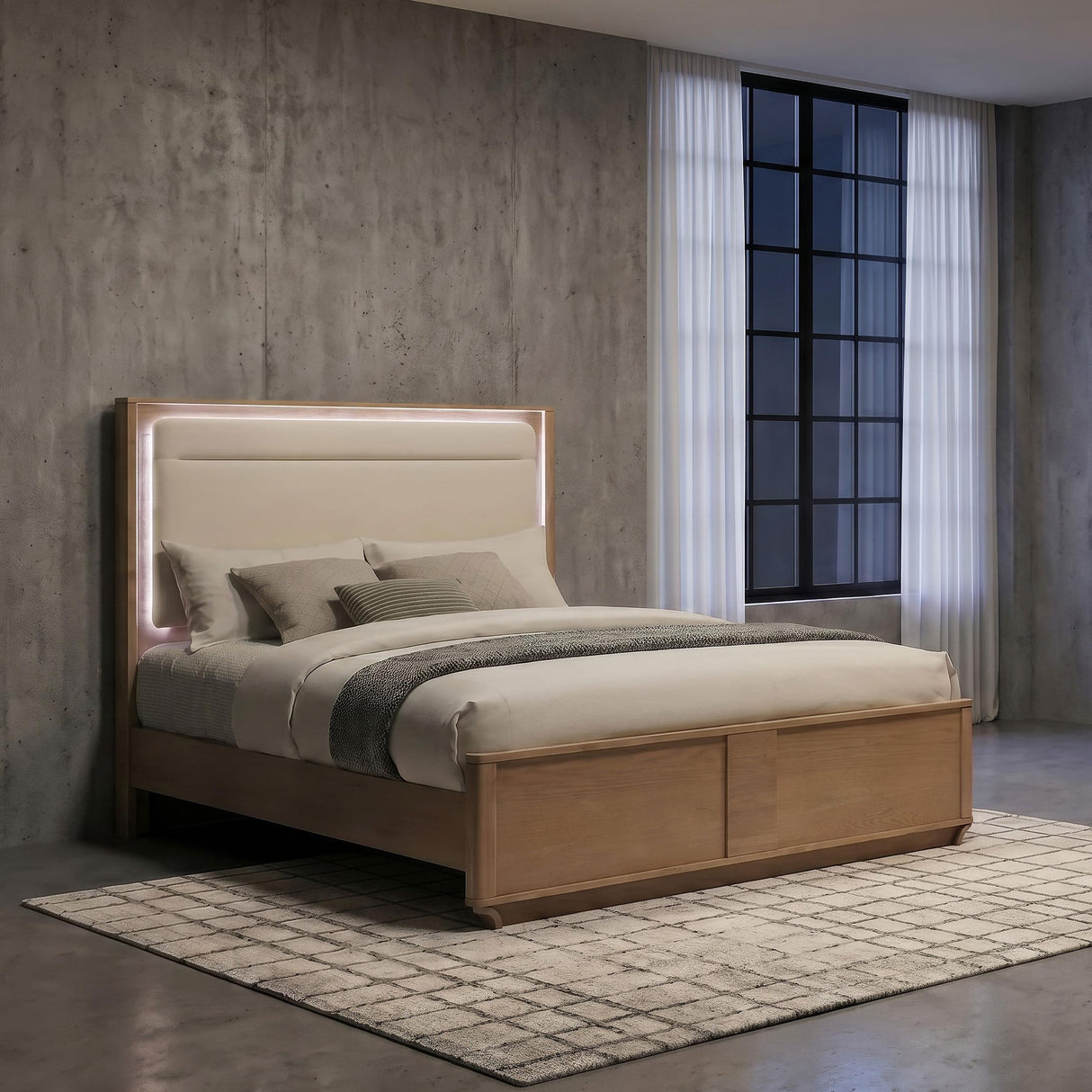 Coaster Furniture Leanne 223131Q Queen LED Panel Bed - Off White/Light Oak IMAGE 2