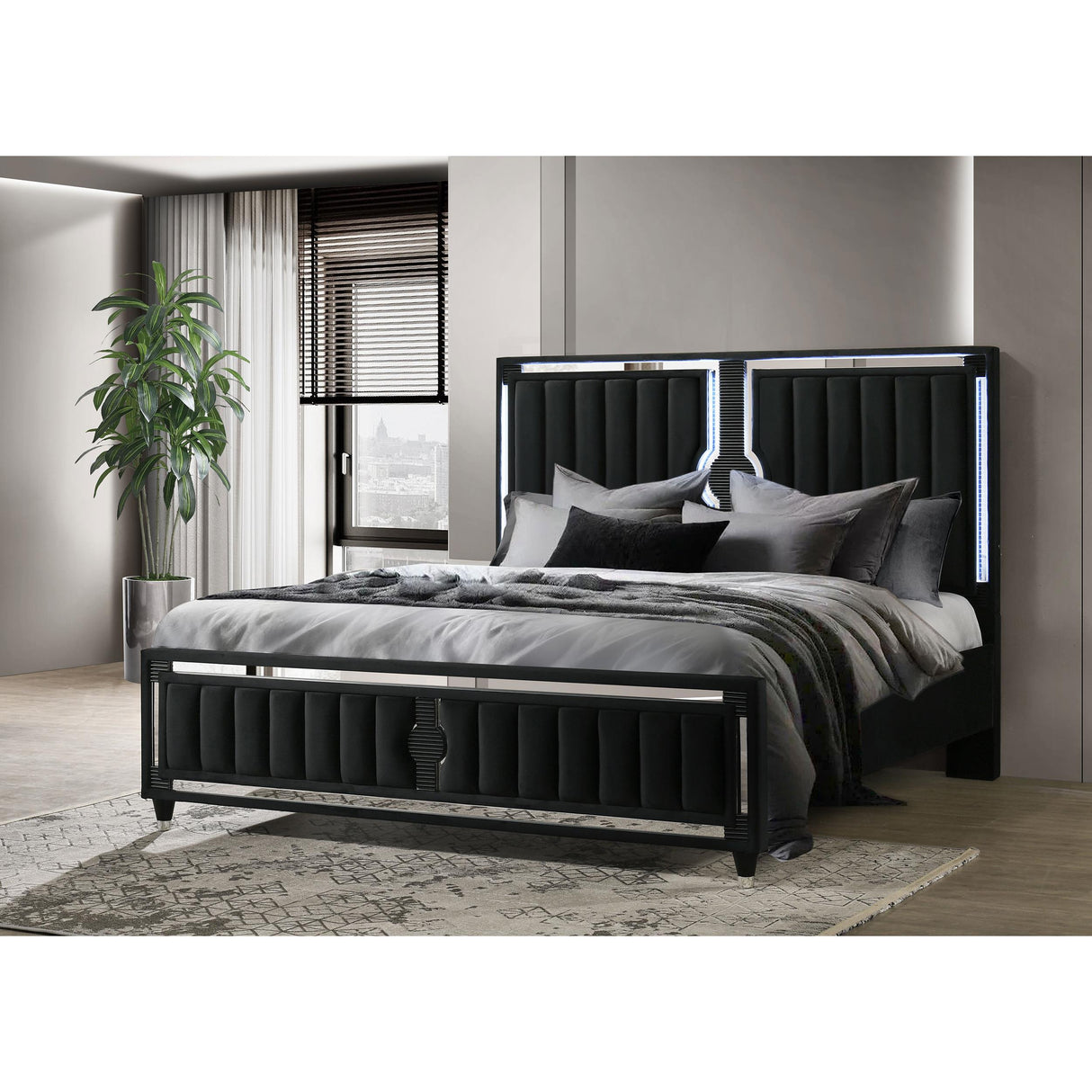 Coaster Furniture Ravenne 223191KE Velvet Upholstered Eastern King LED Panel Bed - Black IMAGE 4