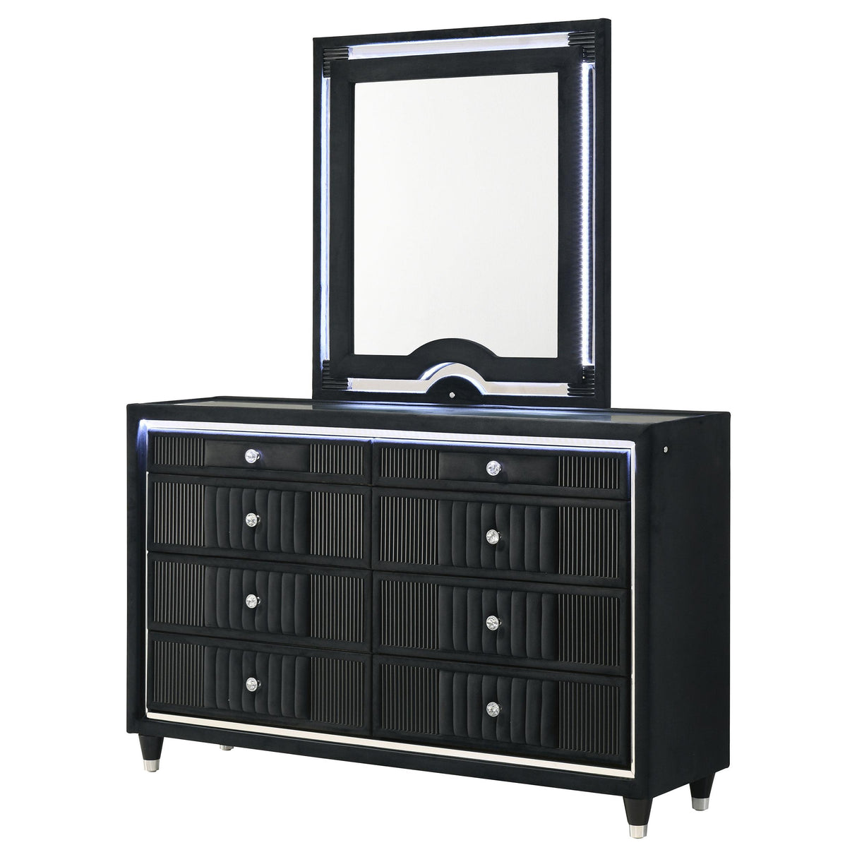 Coaster Furniture Ravenne 223193M 8-drawer Velvet Upholstered LED Dresser and Mirror - Black IMAGE 12