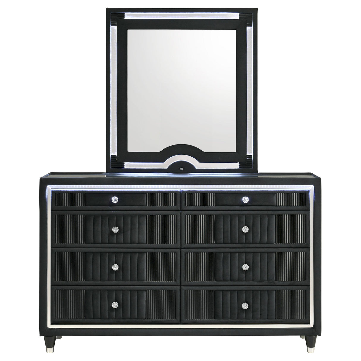 Coaster Furniture Ravenne 223193M 8-drawer Velvet Upholstered LED Dresser and Mirror - Black IMAGE 8