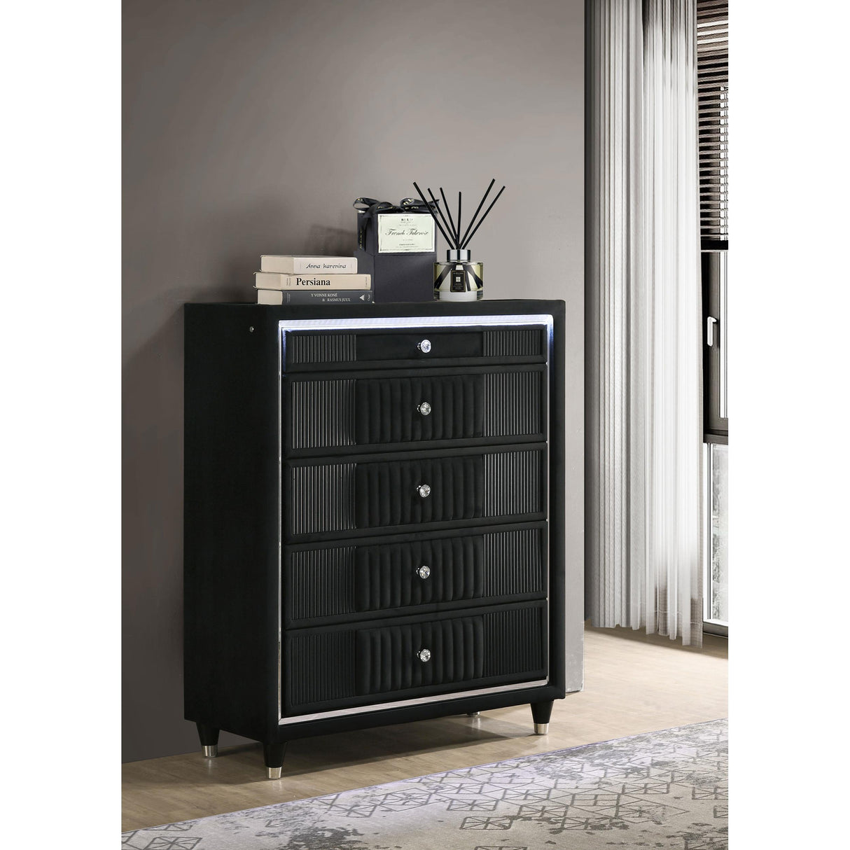 Coaster Furniture Ravenne 223195 5-drawer Velvet Upholstered LED Chest - Black IMAGE 4