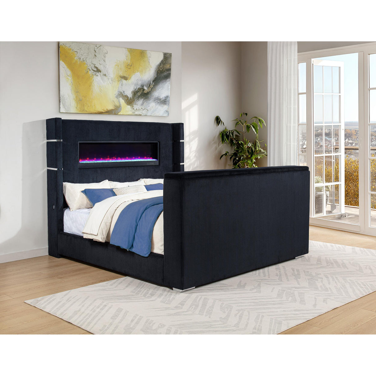 Coaster Furniture Tisdall 315868BLKKE Eastern King Flame Visualizer Wingback TV Bed - Black IMAGE 2