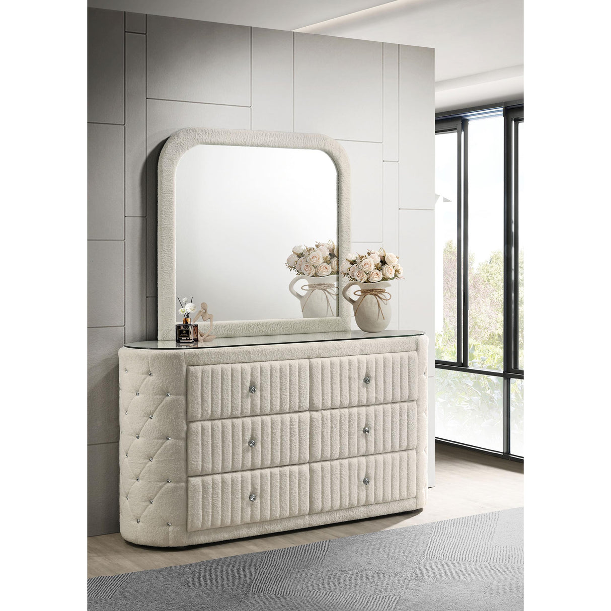 Coaster Furniture Sonya 360113M 6-drawer Upholstered Bedroom Dresser with Mirror - Ivory IMAGE 2