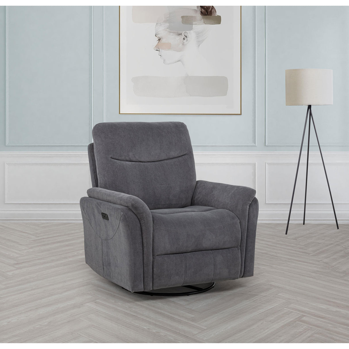 Coaster Furniture Adler 610443P Upholstered Power Swivel Glider Recliner - Charcoal Grey IMAGE 3