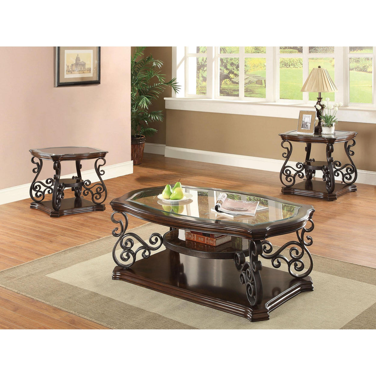 Coaster Furniture Laney 702448-S3 3-piece Glass Top Coffee and End Table Set - Dark Merlot IMAGE 2