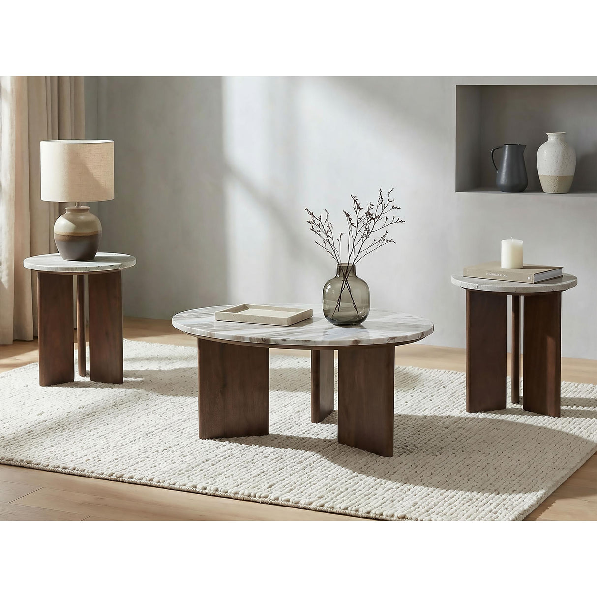 Coaster Furniture Jenna 706168-S3 3-piece Round Marble Top Coffee Table Set - Brown IMAGE 2