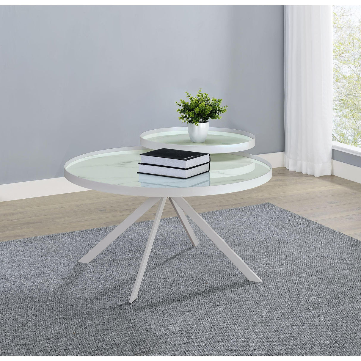 Coaster Furniture Briggs 706258 Round Marble Printed Glass Top Coffee Table - White IMAGE 3