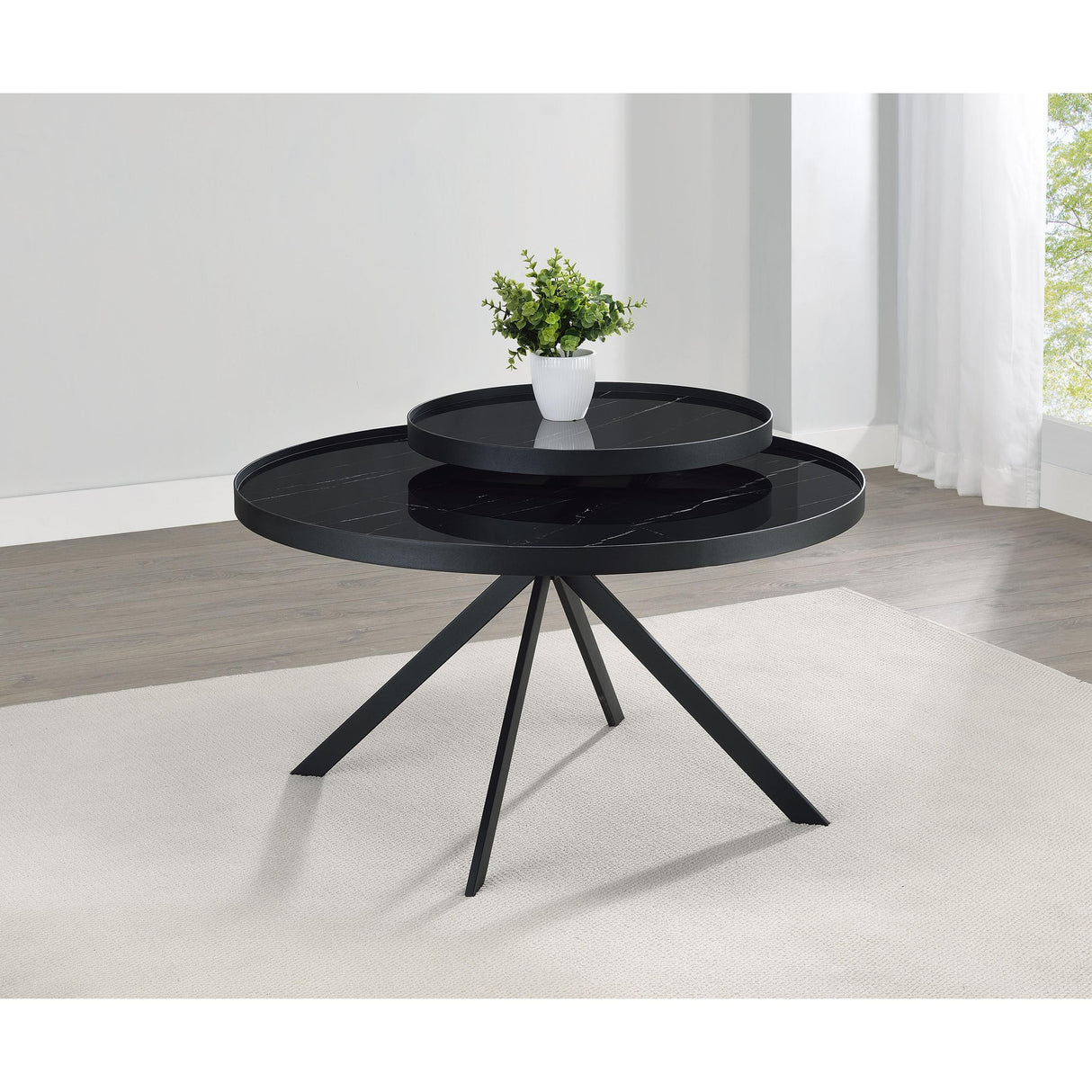Coaster Furniture Briggs 706268 Round Marble Printed Glass Top Coffee Table - Black IMAGE 2