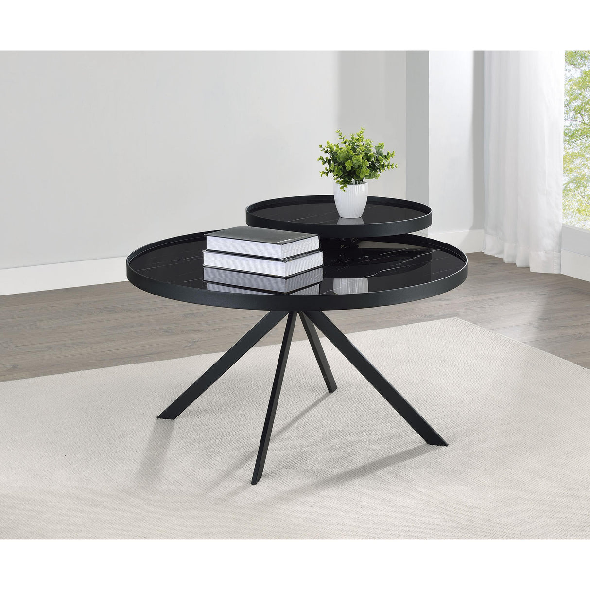 Coaster Furniture Briggs 706268 Round Marble Printed Glass Top Coffee Table - Black IMAGE 3