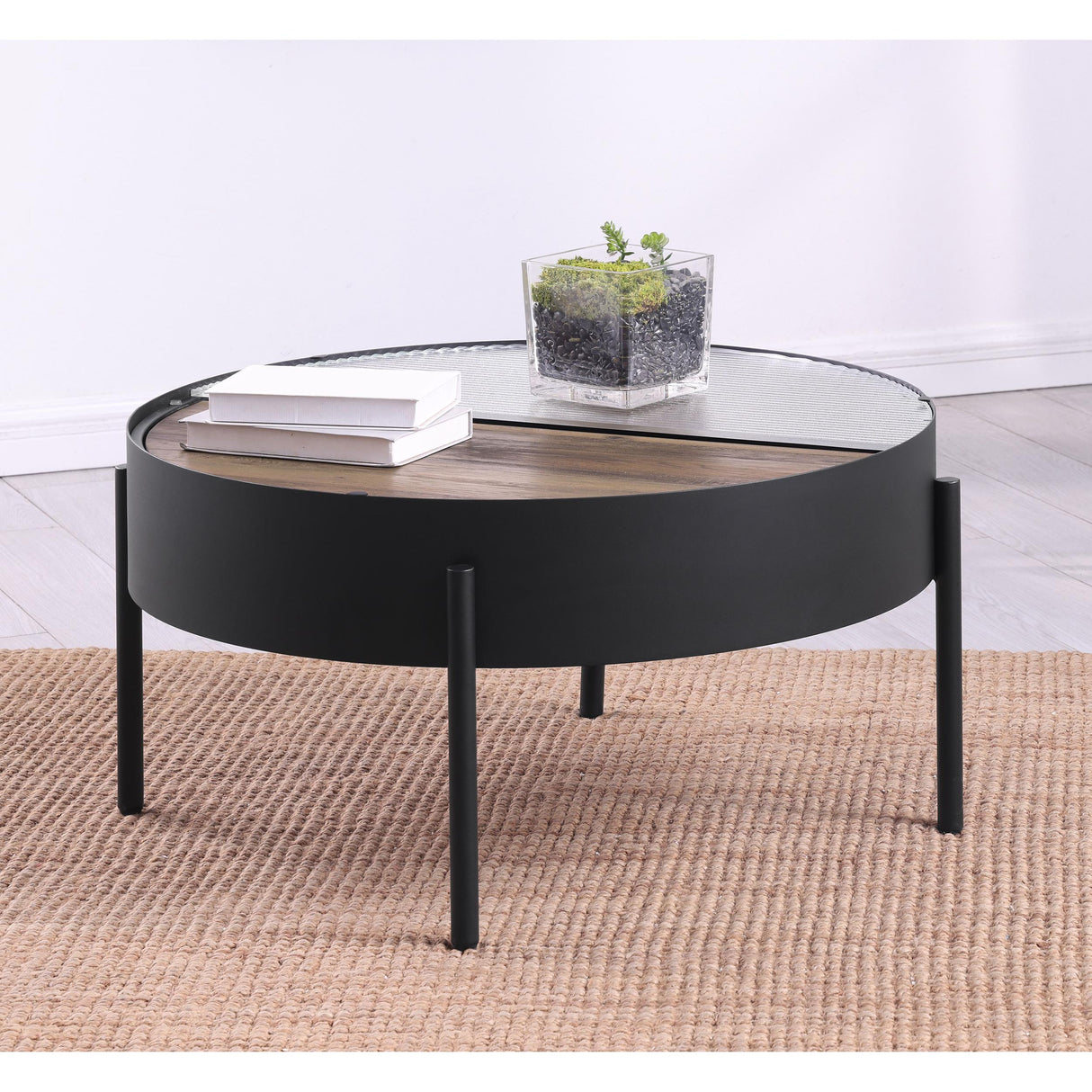 Coaster Furniture Ozella 707898 Round Coffee Table with Hidden Storage - Sandy Black IMAGE 3