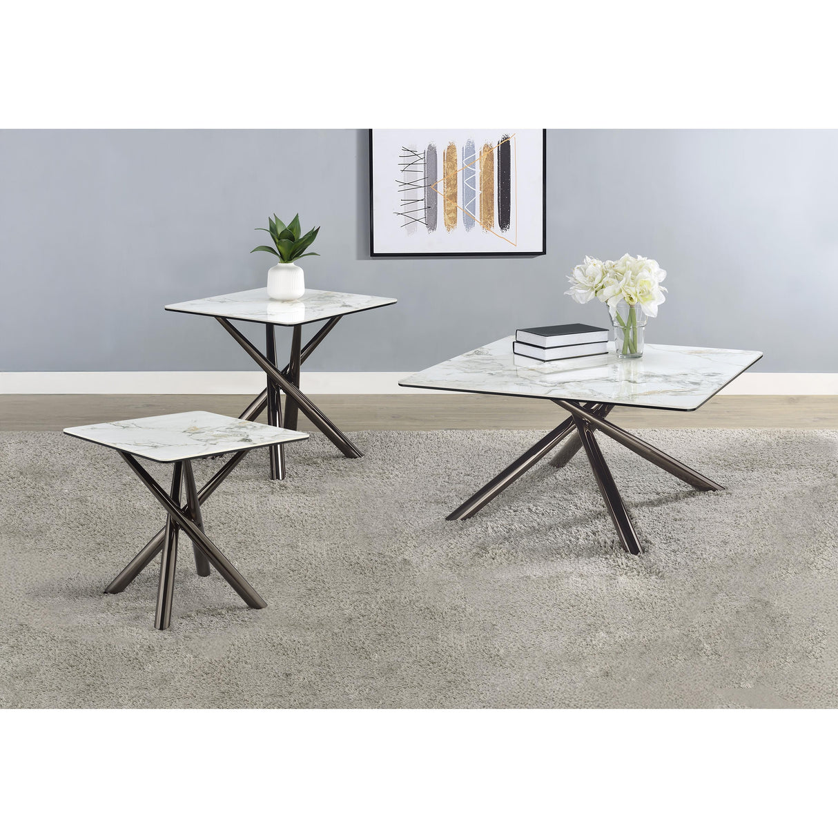 Coaster Furniture Carvell 708138-S3 3-piece Square Coffee and End Table Set - Mirage White IMAGE 2