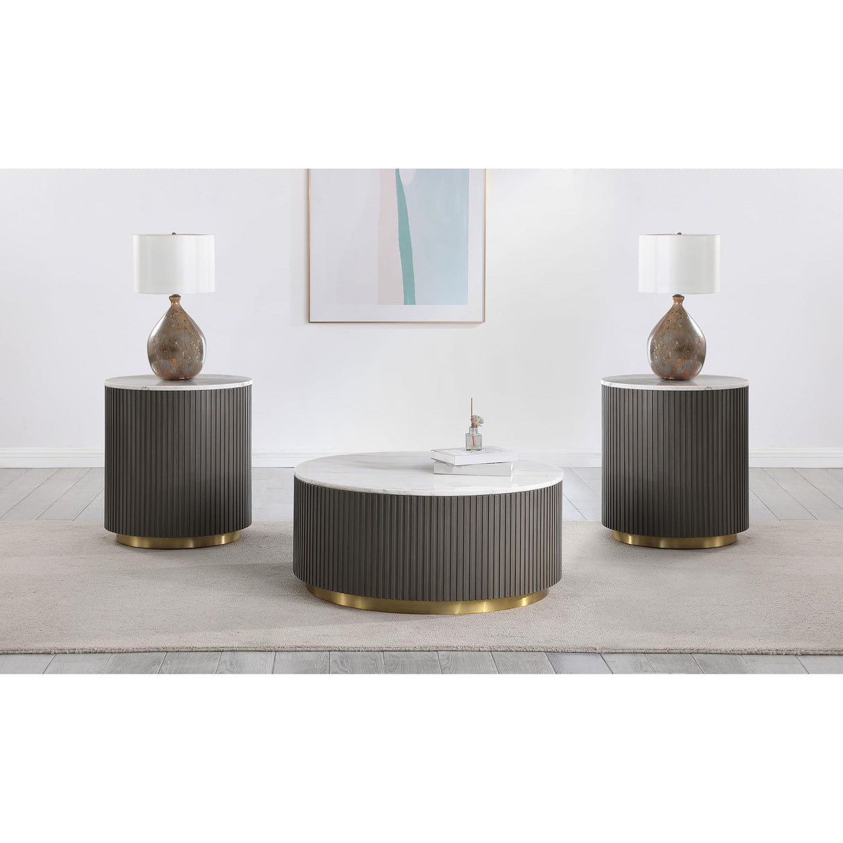 Coaster Furniture Jason 710418-S3 3-piece Round White Marble Coffee Table Set - Charcoal IMAGE 2
