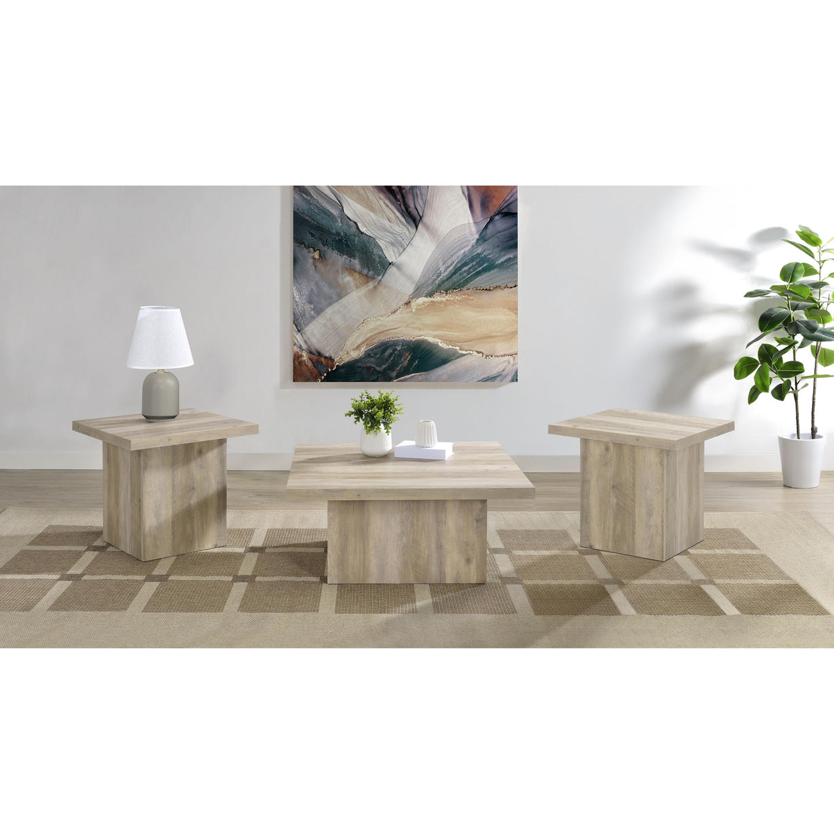Coaster Furniture Devar 710878-S3 3-piece Square Coffee End Table Set - Distressed Pine IMAGE 2