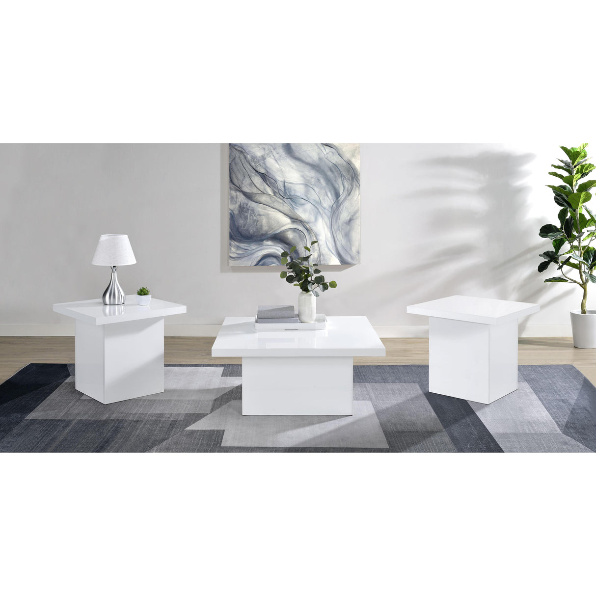 Coaster Furniture Devar 710898-S3 3-piece Square Coffee End Table Set - White High Gloss IMAGE 2