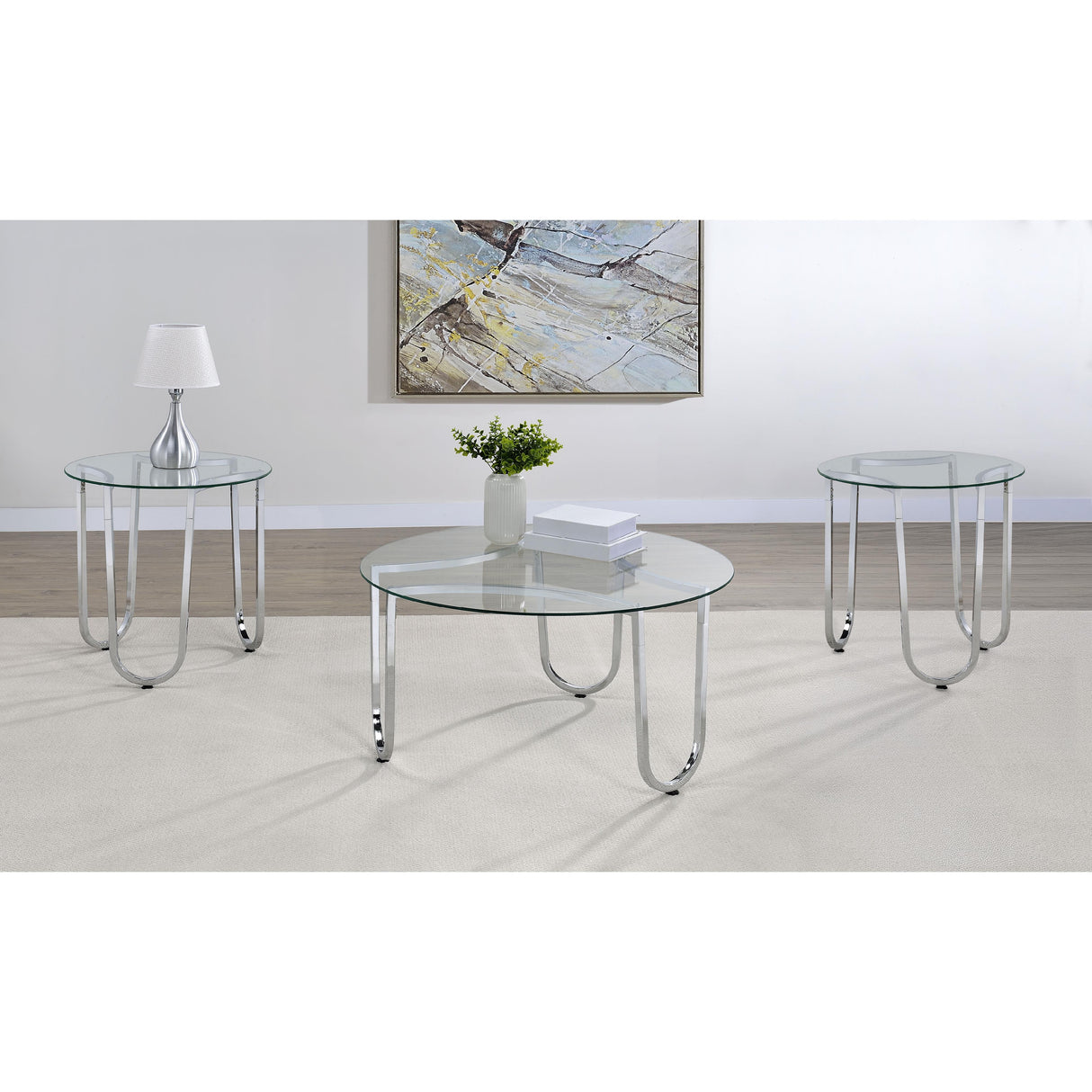 Coaster Furniture Beller 710908-S3 3-piece Round Tempered Glass Top Coffee Table Set - Chrome IMAGE 2