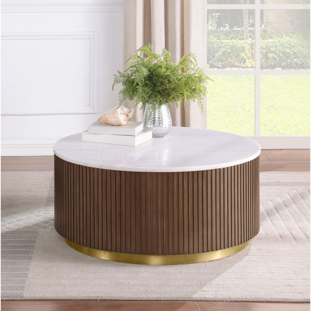 Coaster Furniture Jason 712418 Round White Marble Top Coffee Table - Honey Brown IMAGE 5