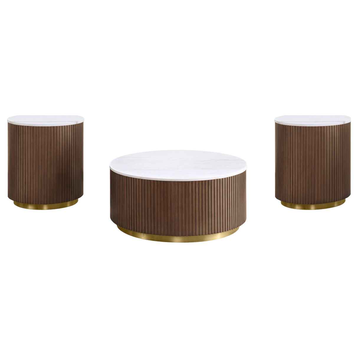 Coaster Furniture Jason 712418-S3 3-piece Round White Marble Coffee Table Set - Honey Brown IMAGE 1