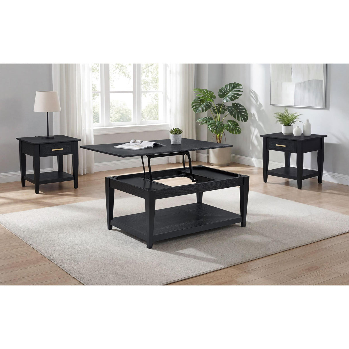 Coaster Furniture Lindenton 722728-S3 3-piece Wood Lift-Top Coffee and End Table Set - Black IMAGE 2