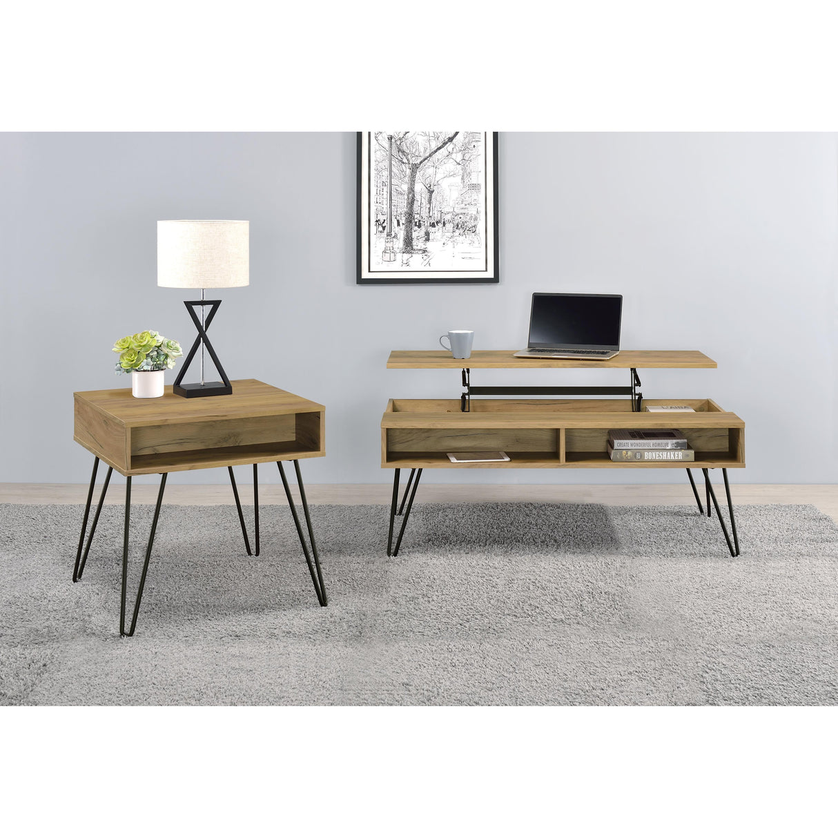 Coaster Furniture Fanning 723368-S2 2-piece Lift Top Coffee and End Table Set - Golden Oak IMAGE 5