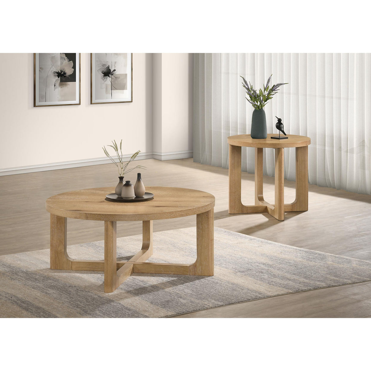 Coaster Furniture Kessler 735988-S2 2-piece Round Sculptural Wood Coffee Table Set - Light Oak IMAGE 2