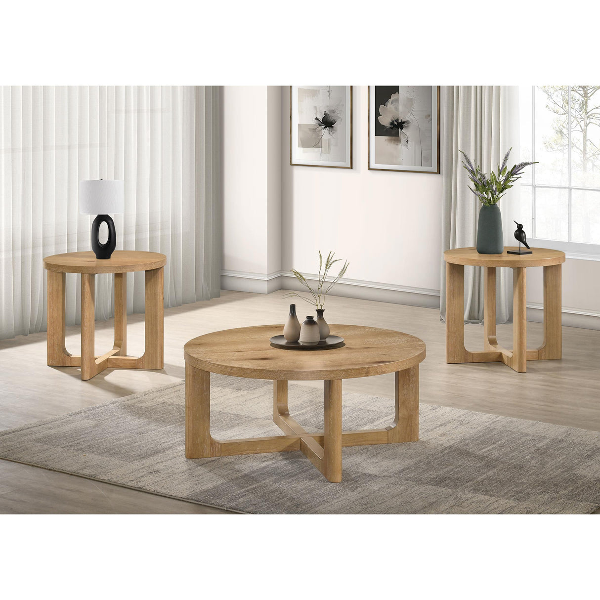 Coaster Furniture Kessler 735988-S3 3-piece Round Sculptural Wood Coffee Table Set - Light Oak IMAGE 2