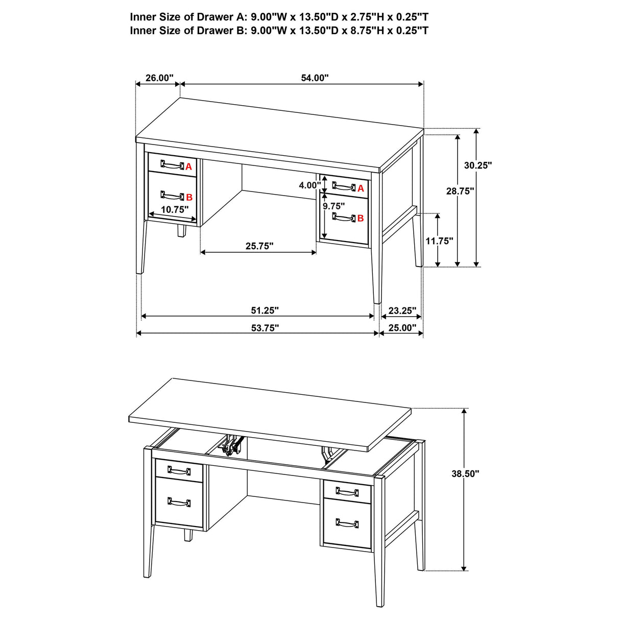 Coaster Furniture Graham 800866 54-inch 4-drawer Double Pedestal Lift Top Computer Desk - Black IMAGE 14