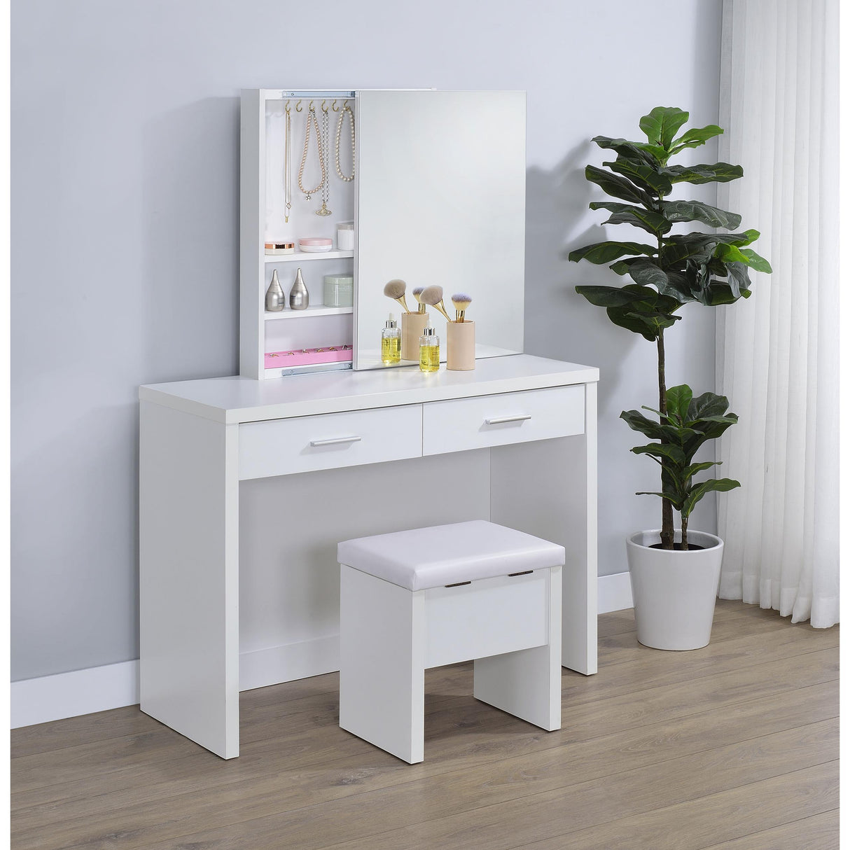 Coaster Furniture Bunbury 930280 Makeup Vanity Table Set Storage Mirror and Stool - White IMAGE 9