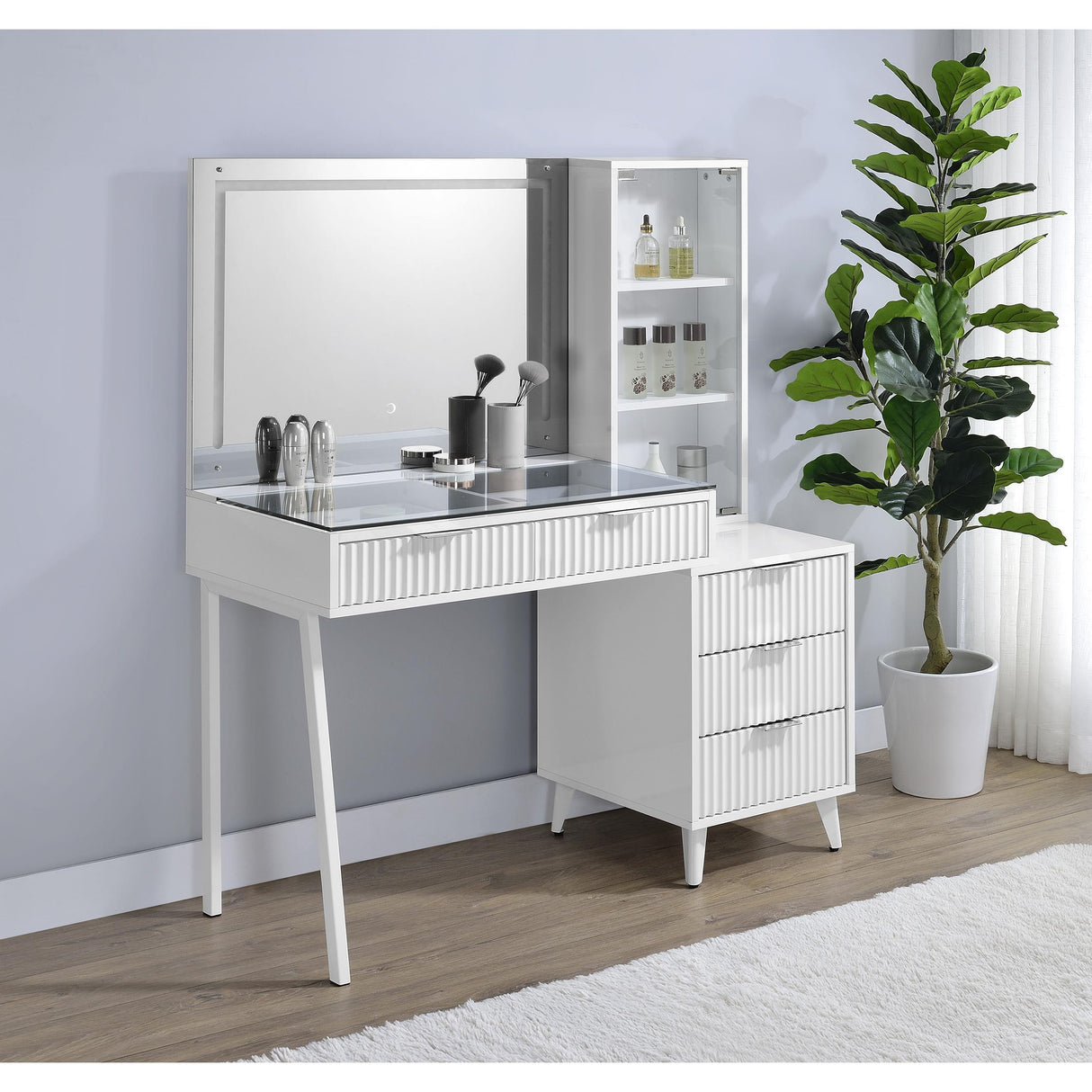 Coaster Furniture Souza 930282 5-Drawer Makeup Vanity Table With LED Mirror - White High Gloss IMAGE 5
