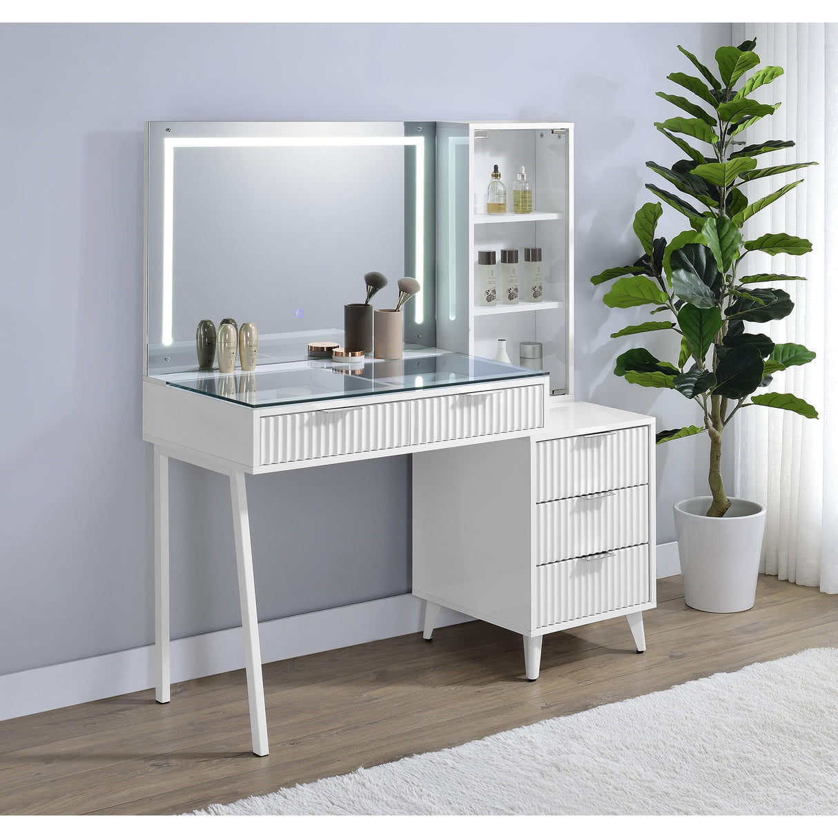 Coaster Furniture Souza 930282 5-Drawer Makeup Vanity Table With LED Mirror - White High Gloss IMAGE 9