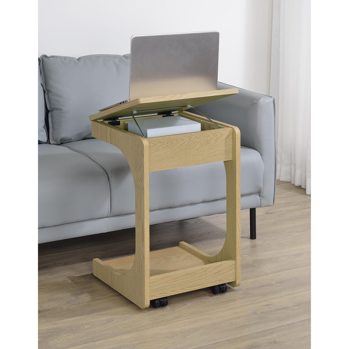 Coaster Furniture Ralston 930291 C-Shaped Lift-Top Sofa Side Table With Casters - Light Oak IMAGE 9